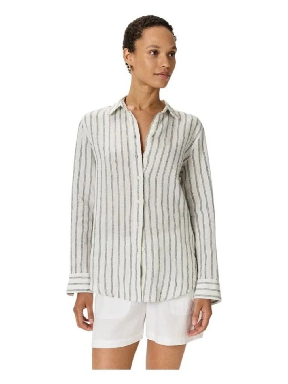 Quince 100% European Linen Long Sleeve Shirt Oatmeal/Black Stripe Size Large